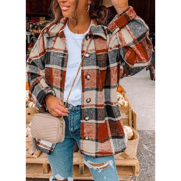 Women Orange Collared V Neck Button Down Oversized Long Sleeve Shirt Top - Picture 4 of 4